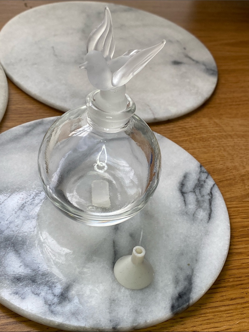 Deluxe Perfume Clear Glass Bottle & Frosted Dove Stopper Made Taiwan late 1990s